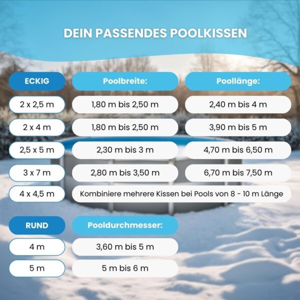 Maßübersicht Größen Poolkissen eckig und rund