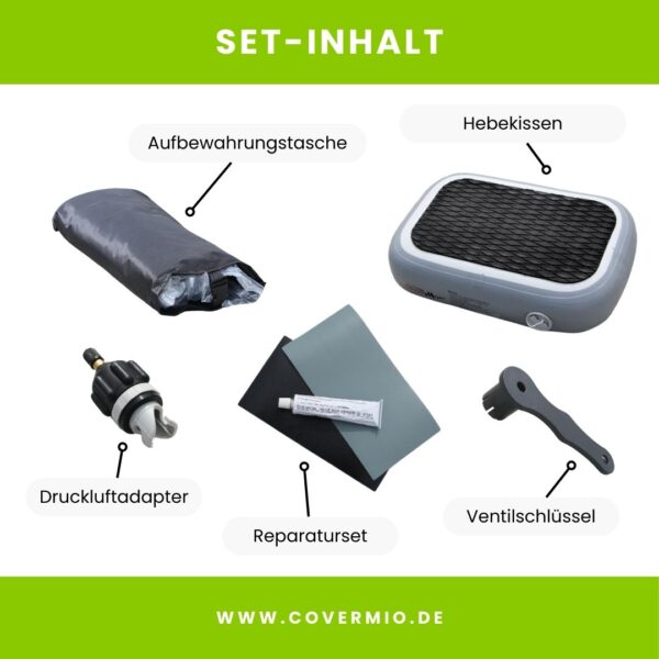 Set Inhalt des Hebekissens bestehend aus Aufbewahrungstasche, Hebekissen, Druckluftadapter, Reparaturset und Ventilschlüssel