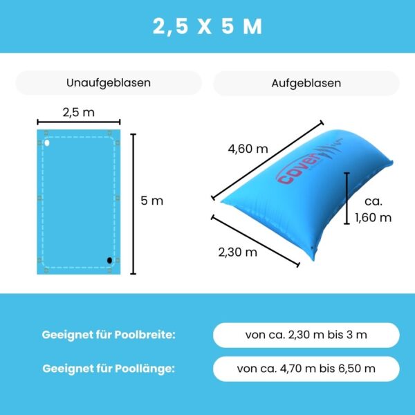 Technische Daten zum eckigen 2,5 x 5 m Poolkissen.