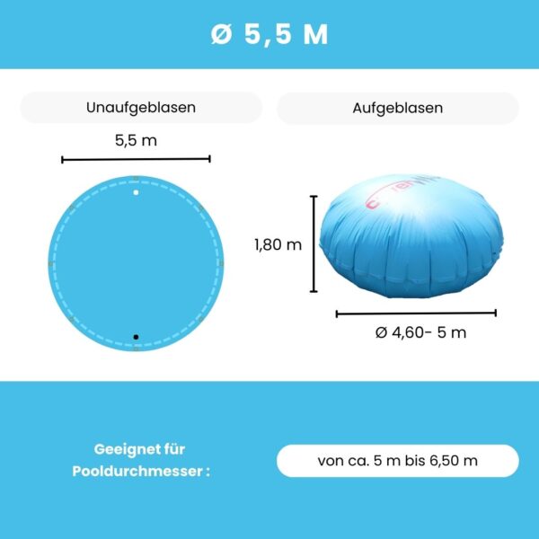 Technische Daten zum runden 5,5 m Poolkissen.