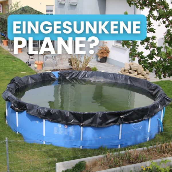 Rundpool mit eingesunkener Abdeckplane und Schmutzwasser im Pool.