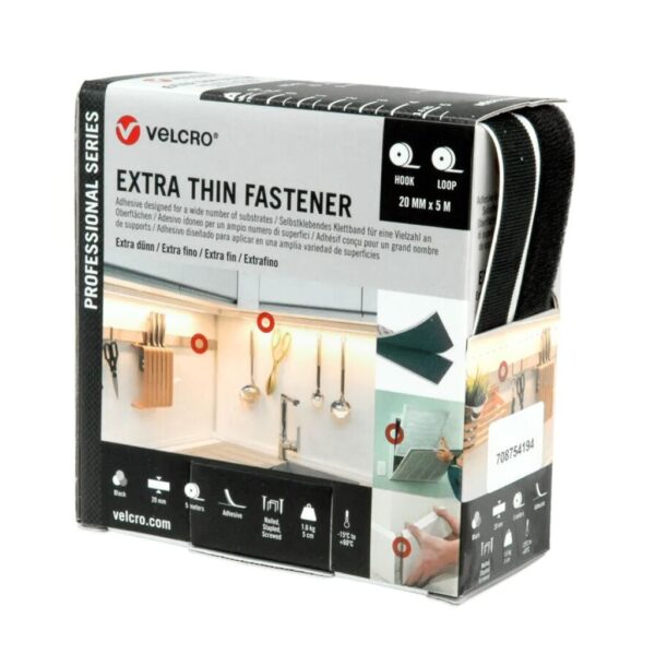 Velcro Extra Thin Fastener in seiner Verpackung.